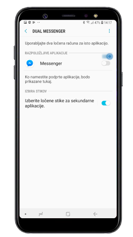 Podrsajte, da aktivirate možnost Dual Messenger v aplikaciji