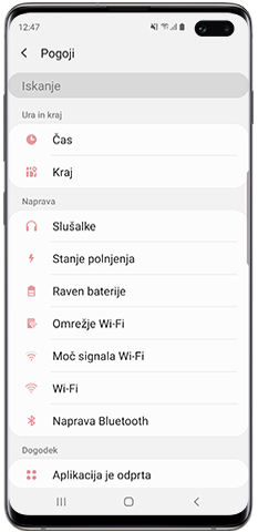 Rutine Bixby, izberite pogoje "Če"
