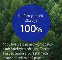 Táto infografika znázorňuje zvýšenie v používaní papierových obalov z udržateľných zdrojov a cieľom pre rok 2020 je 100 %. Papierové obaly z udržateľných zdrojov znamená obsah z papiera s osvedčením udržateľných lesov a recyklovaného papiera.