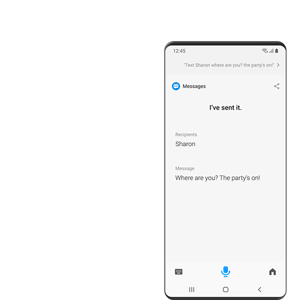 Na obrazovke Galaxy sa zobrazuje textová správa odoslaná Sharon pomocou ovládacích prvkov Bixby, kde sa uvádza: „Kde si? Je tu párty!“.