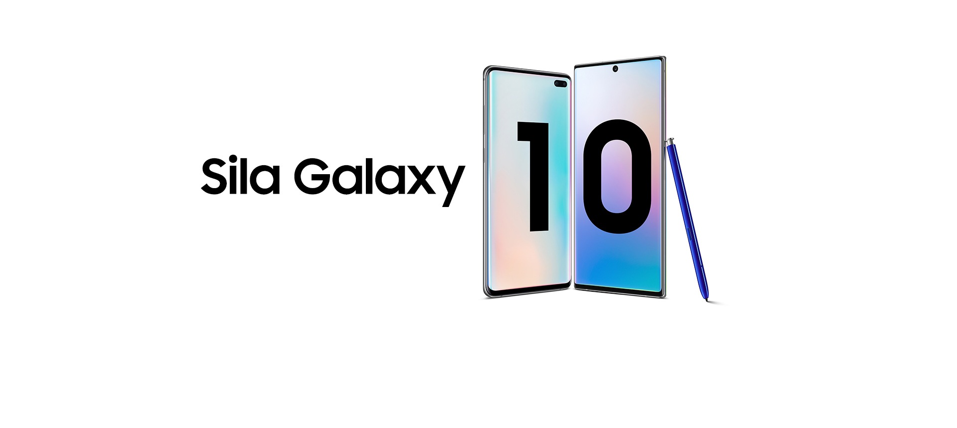 Galaxy Note10 leží na Galaxy Note10 plus, pričom obe telefóny ležia pod uhlom na svojej zadnej strane a modré pero S Pen leží navrchu Galaxy Note10. Každý telefón zobrazuje grafiku s gradient efektom a na opačnej strane telefónov je text Galaxy Note10 | Note10 plus.