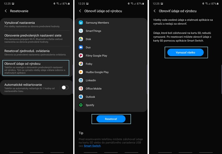 reset telefonu Samsung