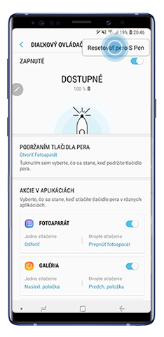 Voľba S Pen reset v diaľkovom menu S Pen