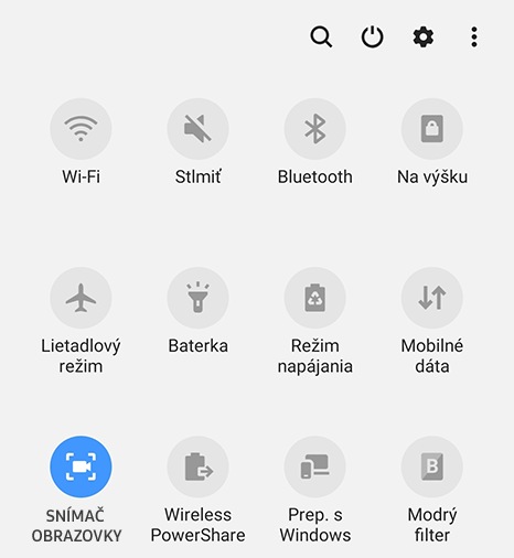 Obrázok rýchleho panela zobrazujúceho ponuku na voľbu funkcie snímača obrazovky