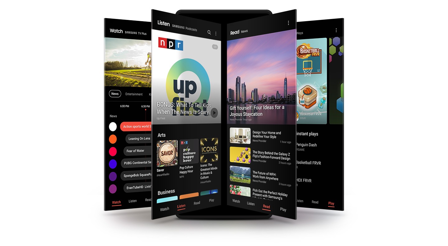 ชุดภาพหน้าจอของ Galaxy ที่แสดงให้เห็นถึงหน้าจอหลักต่าง ๆ ของบริการ Samsung Free ได้แก่ Watch, Listen, Read และ Play