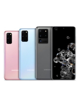 ภาพด้านหลังของ Galaxy S20 สีคลาวด์พิงก์, Galaxy S20+ สีคลาวด์บลู และ Galaxy S20 Ultra 5G สีคอสมิกเกรย์ที่วางซ้อนกันอยู่ ที่ด้านขวา มี Galaxy S20 Ultra 5G สีคอสมิกเกรย์หงายด้านหน้าวางทับอยู่ด้านบนสุด