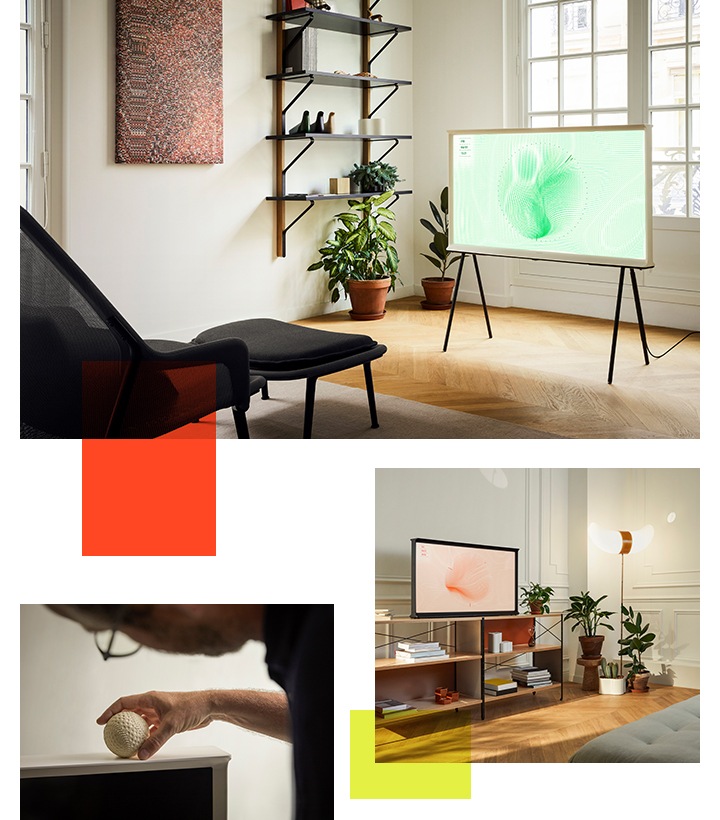 แนวคิดออกแบบการตกแต่งภายในด้วย The Serif ที่สร้างแรงบันดาลใจ ที่ถ่ายทำกันใน Showroom Vitra France ตัวอย่างแรกแสดงให้เห็น The Serif ที่ติดตั้งอยู่บนขาตั้งโลหะสีดำที่เปิด Ambient Mode อยู่ โดยตั้งอยู่ตรงหน้าเก้าอี้สีดำ ตัวอย่างที่สองแสดงให้เห็นถึง The Serif ใน Ambient Mode แบบไม่มีขาตั้ง โดยทีวีนั้นวางอยู่บนชั้นบนสุดของชั้นวางของแบบสามชั้นในห้องนั่งเล่น ตัวอย่างที่สามนั้นแสดงให้เห็นถึงชายคนหนึ่งที่กำลังวางลูกเบสบอลตกแต่งตรงขอบด้านบนที่กว้างและราบเรียบของ The Serif
