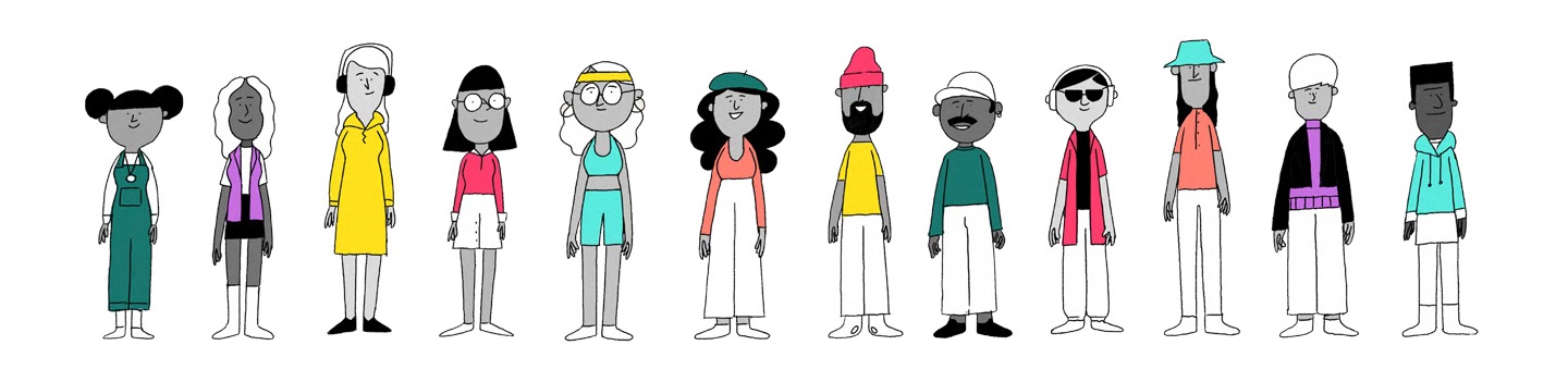 ภาพของตัวละคร Gen Z ที่ยืนเรียงแถวหน้ากระดานพร้อมใส่เสื้อผ้าและเครื่องประดับสีสันสดใส