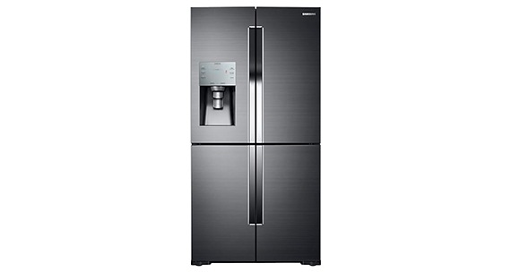A front view of the Samsung 4-door refrigerator RF28K9070SG/SA in black stainless steel.