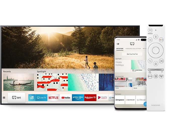 The Frame TV displays artwork and can be controlled by the One Remote control or with the Samsung Art Mode app on your mobile device.
