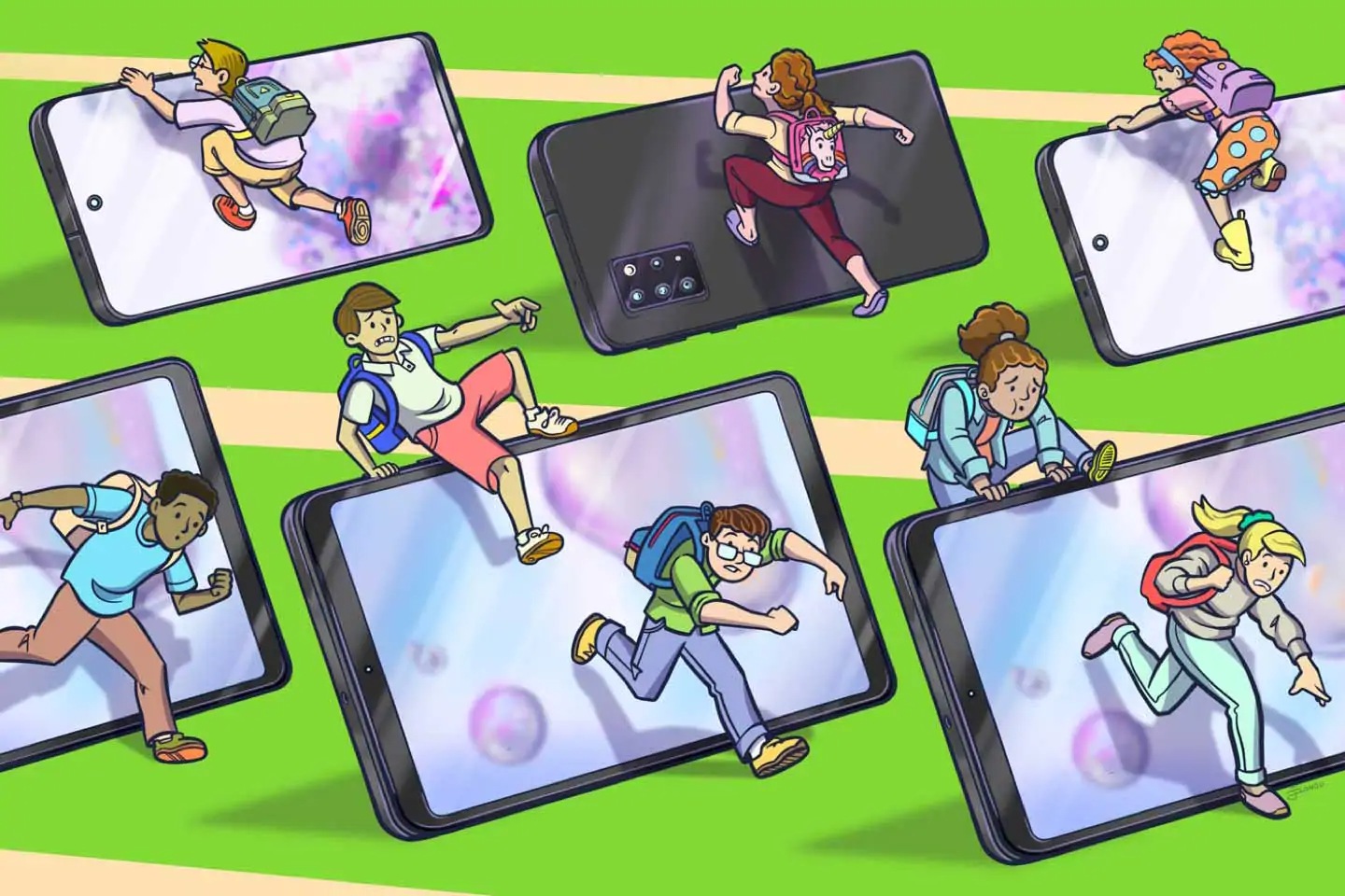 Çocuklarınızla Sorun Yaşamadan Ekranda Geçirdikleri Süreyi Nasıl Kısıtlayabilirsiniz Galaxy S20 telefonlara ve Galaxy Tab S6 Lite tabletlere tırmanan ve etrafında dolanan sırt çantası giymiş çocukların resmedildiği çizgi resim.