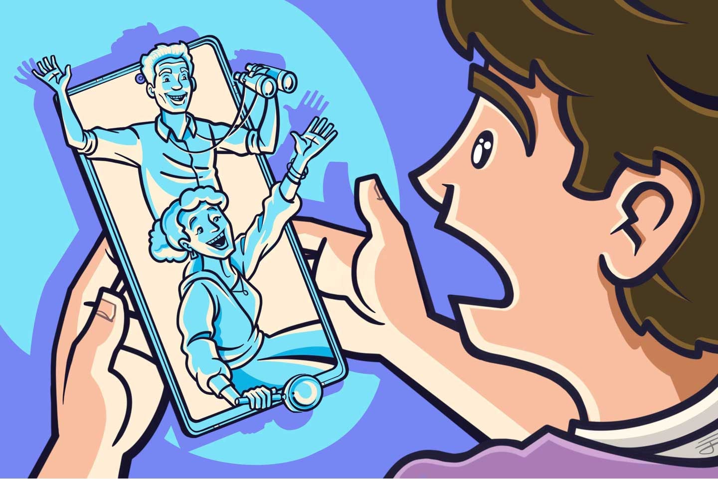 İlk Telefon Heyecanı: Ebeveynlerin Uyması Gereken 4 Kural A cartoon illustration of a boy holding his smartphone in shock as a mother and father appear to be waving and monitoring his activity as they hold a magnifier and binoculars.