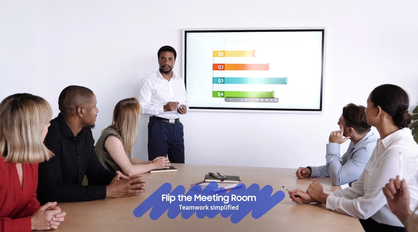 Dahili belge görüntüleyici ile Microsoft Word, PowerPoint veya PDF dosyalarını kolayca açın ve Samsung Flip'in kablosuz ekran paylaşma özelliğiyle içeriği daha büyük gruplar için daha büyük bir dijital ekrana yansıtın. Samsung Flip, çok yönlü dahili şablonları sayesinde pek çok farklı iş uygulaması için kullanılabilir.