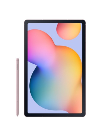 Ekranında çok renkli bir duvar kağıdı görünen siyah bir Galaxy Tab S6 Lite. Sol tarafında pembe bir S Pen görülmektedir.