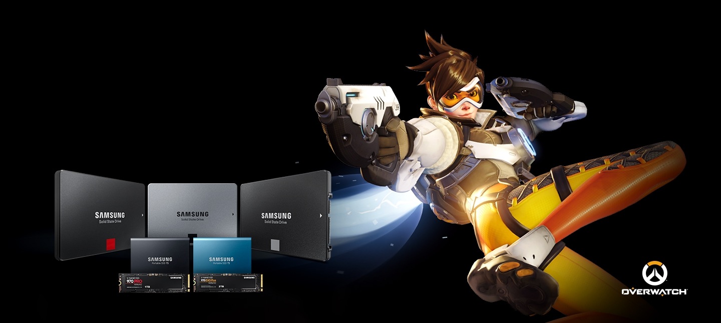 Overwatch’tan Tracer ile Samsung Oyun SSD ürünlerinin bir çizimi. Overwatch’tan Tracer ile Samsung Oyun SSD ürünlerinin bir çizimi.