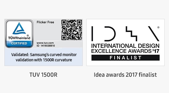 Ödüllü Samsung Yüksek Tanımlı Monitör teknolojisini gösteren görüntü. TUV 1500R Sertifikası işareti ve Idea ödülleri 2017 finalist işareti.