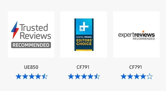 Bu, Samsung Monitörün değerlendirme ve incelemelerini gösteren bir görüntüdür. Trusted Reviews organizasyonunda, UE 850 modeline 4,5 yıldız verilmiştir; Digital Treats Educational's Choice, CF791 modeline 4,5 yıldız vermiştir. Expert Review’da CF791 modelinin aldığı derece: