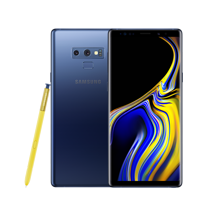 Okyanus Mavisi Galaxy Note9 mavi ve sarı girdap tasarım ile ekranda duruyor ve sarı S Pen ona dayanıyor