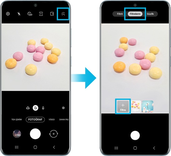 filtre işlevinin kullanıldığı Galaxy S20 cihazının resmi