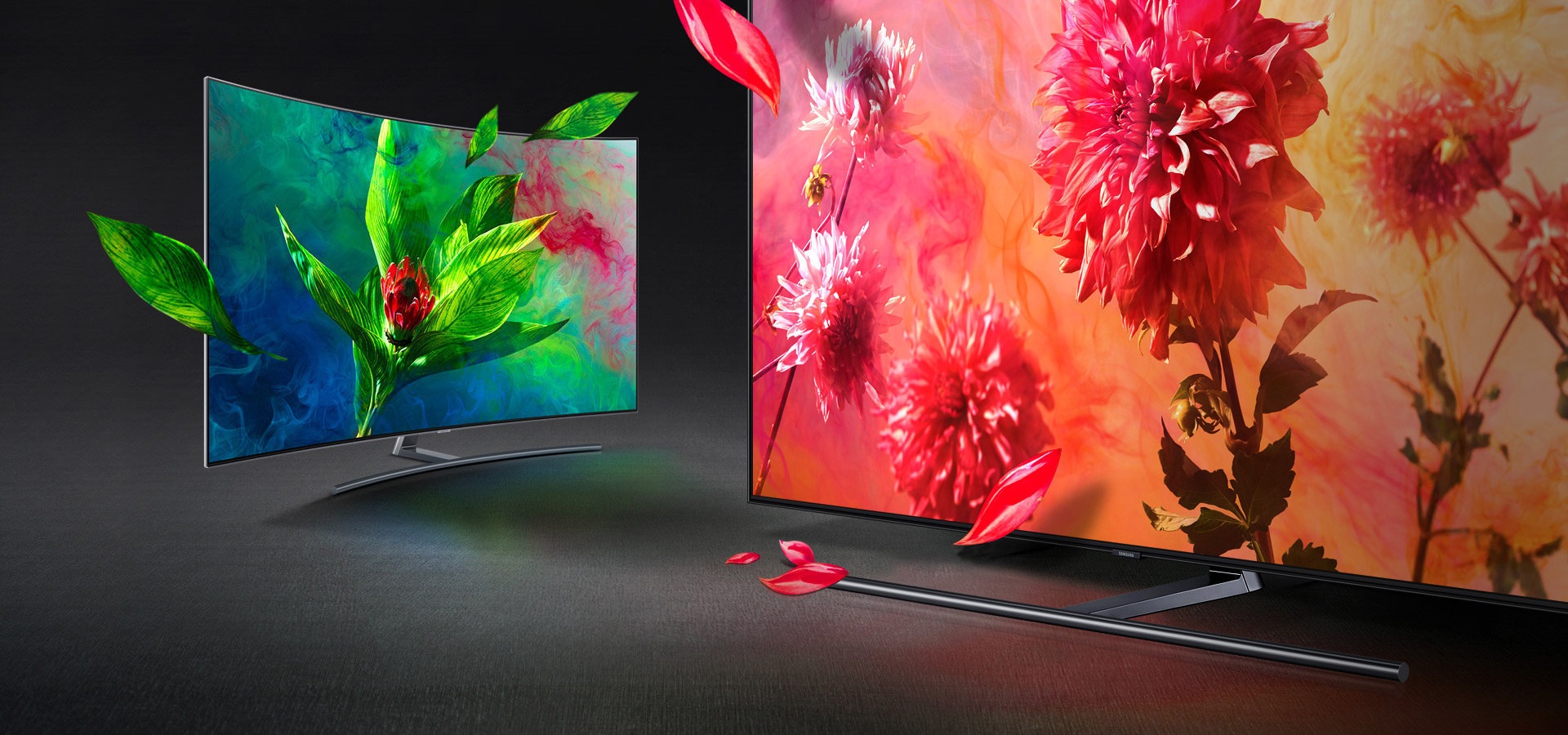 Q Görüntü sayfası için Anahtar Görsel. Görüntüde, kırmızı ve yeşil gibi çeşitli renklerdeki çiçeklerin Yeni Samsung QLED TV’de canlı ve parlak olduğu gösterilir.