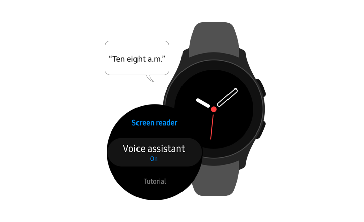 「Voice Assistant」功能表選項已開啟。使用此功能透過語音表示「上午 10 點 8 分」。