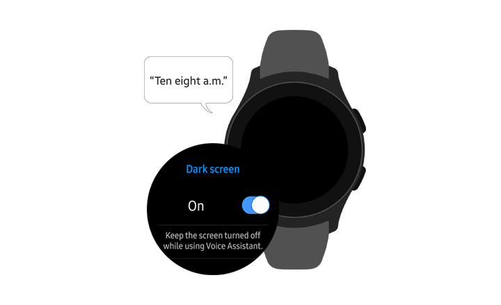 Galaxy Watch 正面圖及顯示已開啟「螢幕全黑」功能表選項的螢幕畫面。此時螢幕全黑的手錶可通知目前時間「上午 10 點 8 分」。