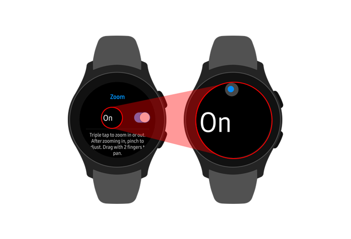 兩個 Galaxy Watch,其中一個顯示「縮放」功能表項目,另一個則展示縮放檢視。