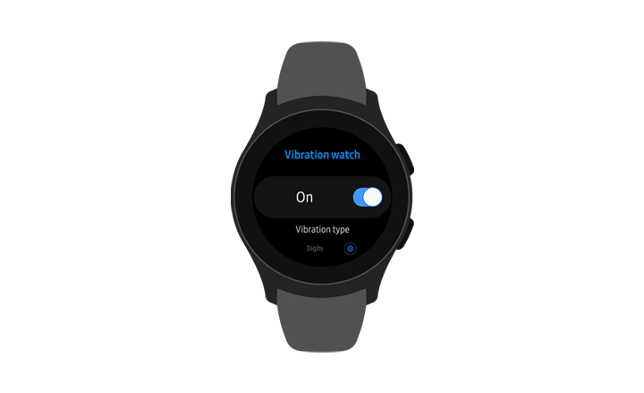 Galaxy Watch 正面圖,螢幕上顯示「震動手錶」功能表選項已開啟。