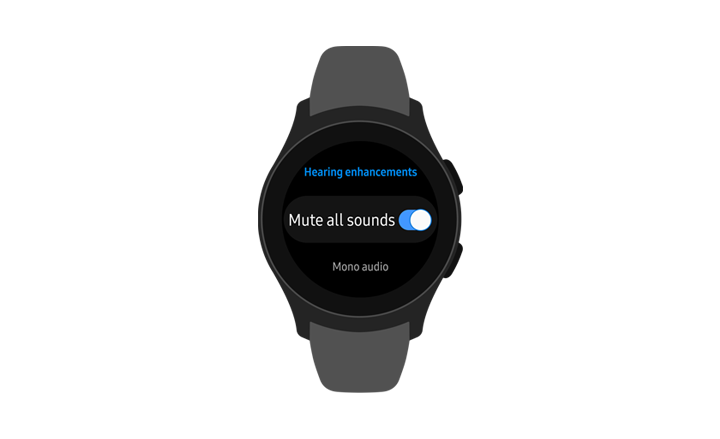 Galaxy Watch 正面圖,螢幕上顯示「全部靜音」功能表選項已開啟。