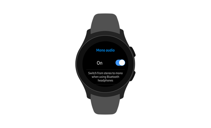 Galaxy Watch 正面圖,螢幕上顯示「單聲道」功能表選項已開啟。