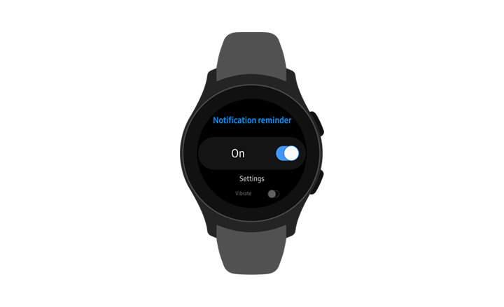 Galaxy Watch 正面圖,螢幕上顯示「通知提醒」功能表選項已開啟。