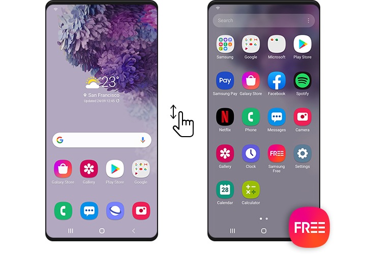 兩台Galaxy設備展示了如何從Galaxy主螢幕訪問Samsung Free。設備之間向上滑動表示從主螢幕向上滑動會打開應用程式清單,使用者可以從中按一下Samsung Free應用程式圖示打開Samsung Free。