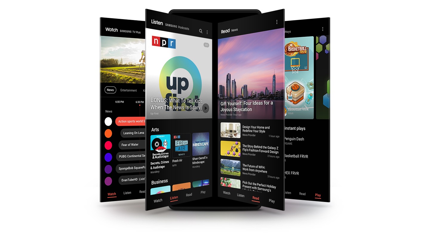 一系列Galaxy螢幕顯示Samsung Free各類服務的不同主螢幕,包括Watch、Listen、Read和Play。