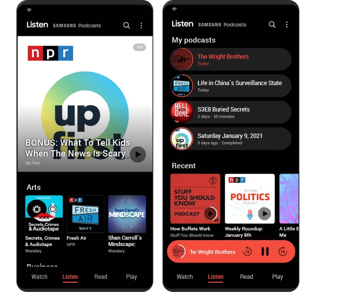 兩個Galaxy螢幕在左側顯示Listen主螢幕,在右側顯示“我的播客”(My podcasts)列表。兩個螢幕均顯示各種播客選項。
