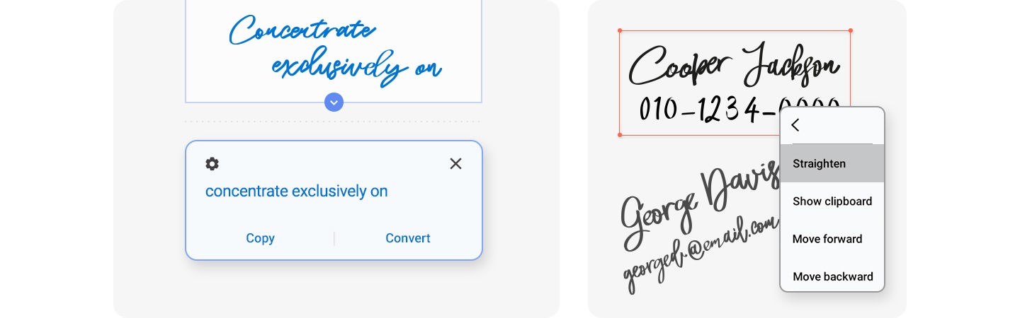 A screenshot shows handwriting converted to text with options "copy" and "convert". A 2nd screenshot shows tilted handwriting with options: "straighten; show clipboard; move forward; move backward".