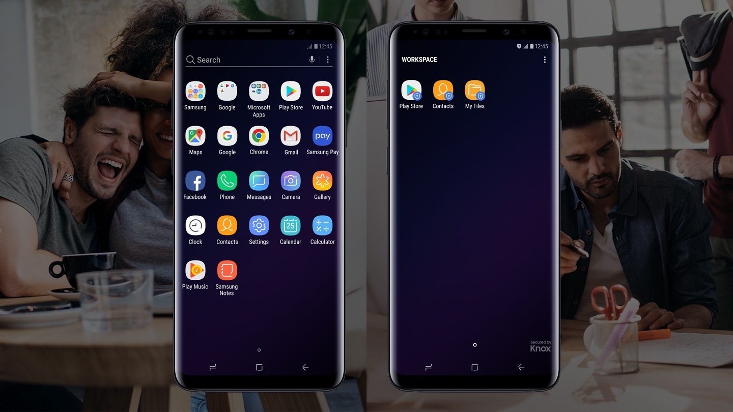 兩台Galaxy S9或S9 +手機並排顯示,其中一個顯示應用程式清單,另一個顯示Knox Workspace應用程式