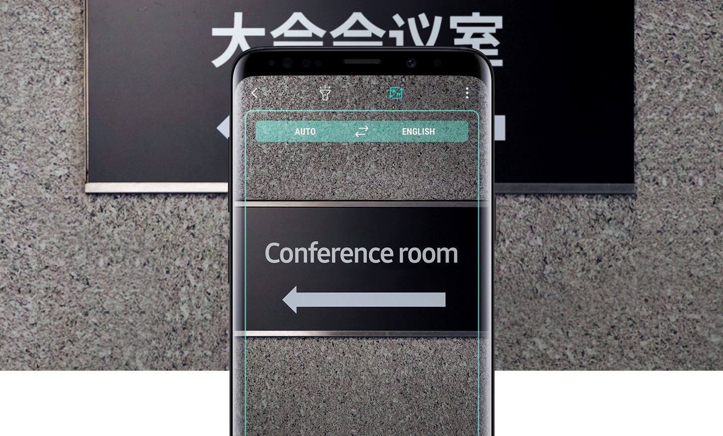 Galaxy S9或S9 +螢幕上顯示已使用Live Translation 被翻譯的標誌和未翻譯標誌的介面