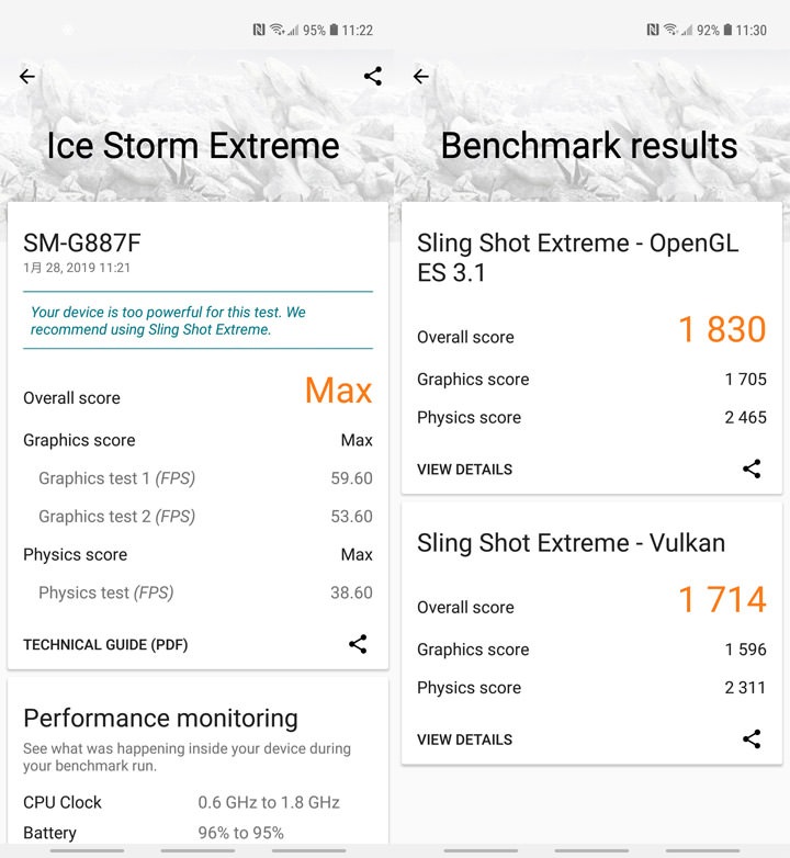 圖:上圖為 3DMark 的測試結果,圖左為 Ice Storm Extreme 的測試結果,圖右為 Sling Shot Extreme 的測試結果。 圖:上圖為 3DMark 的測試結果,圖左為 Ice Storm Extreme 的測試結果,圖右為 Sling Shot Extreme 的測試結果。
