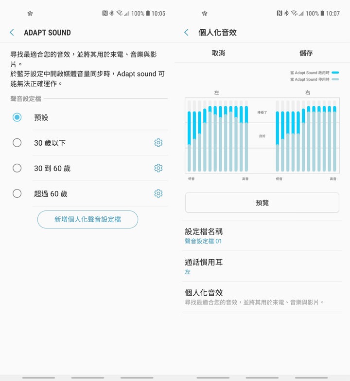圖:Galaxy A8s 也提供了可完全自訂耳機音效表現的「Adapt Sound」功能,透過預設的聲音設定檔,或是個人化選項來進行音頻的調校,來獲得最佳的聆聽效果。 圖:Galaxy A8s 也提供了可完全自訂耳機音效表現的「Adapt Sound」功能,透過預設的聲音設定檔,或是個人化選項來進行音頻的調校,來獲得最佳的聆聽效果。