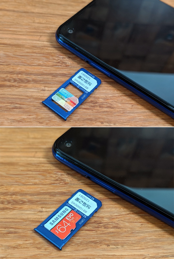 圖:實際安裝兩張 SIM卡(圖上)與一張 SIM卡搭配一張 microSD 卡(圖下)的樣子。 圖:實際安裝兩張 SIM卡(圖上)與一張 SIM卡搭配一張 microSD 卡(圖下)的樣子。