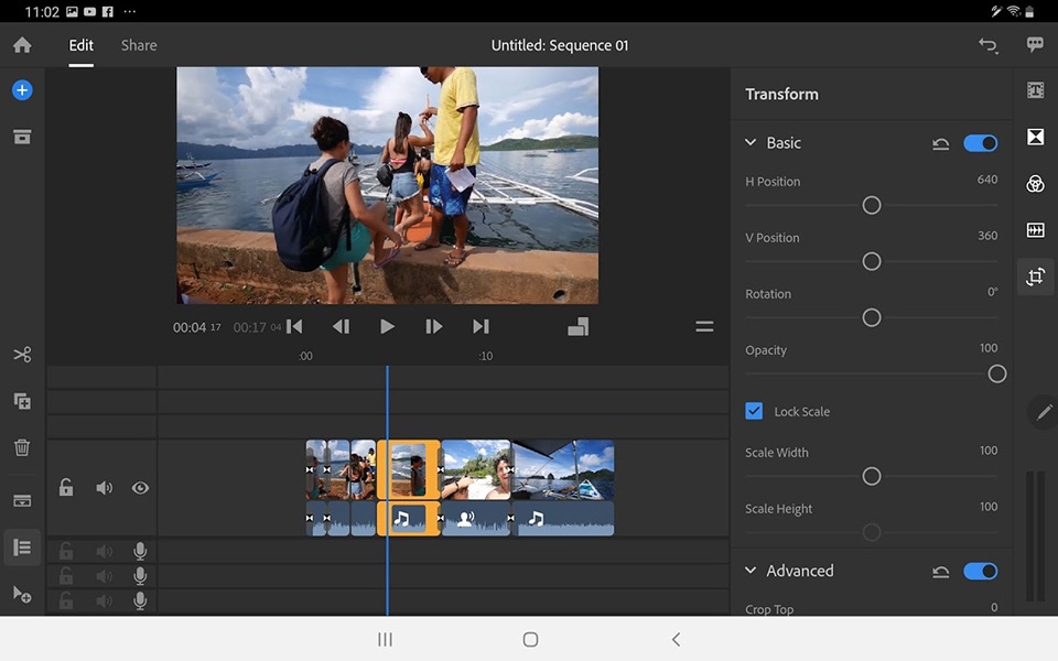 右側按鍵則有文字 Titles、轉場 Transitions、濾鏡 Color、音效 Audio、變形 Transform。 右側按鍵則有文字 Titles、轉場 Transitions、濾鏡 Color、音效 Audio、變形 Transform。