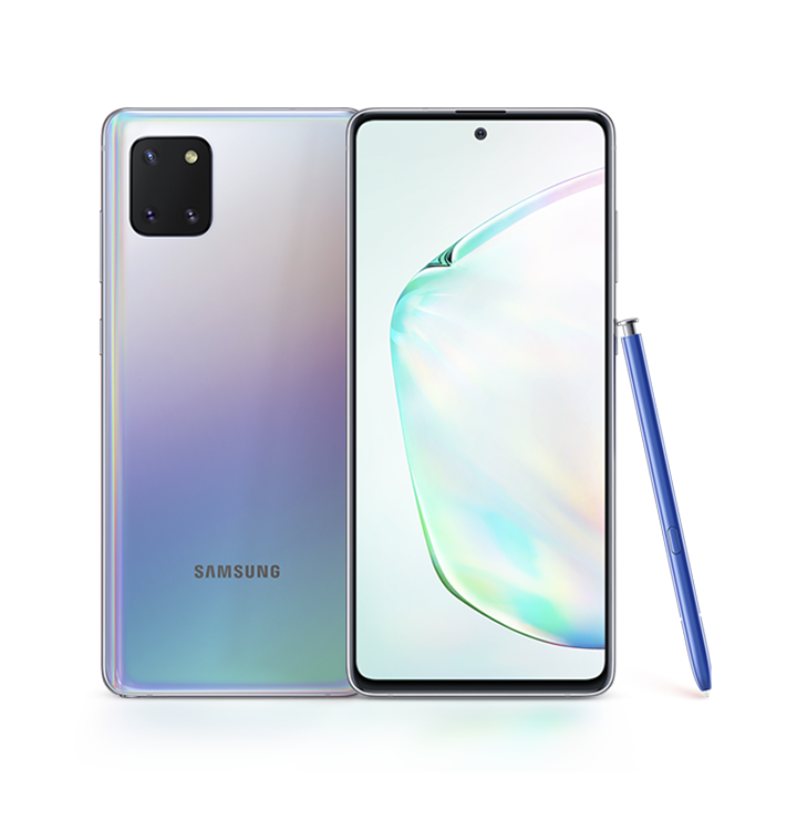 星願銀Galaxy Note10 Lite的正面與背面,藍色S Pen靠著Galaxy Note10 Lite擺放。手機螢幕為抽象泡泡圖像。