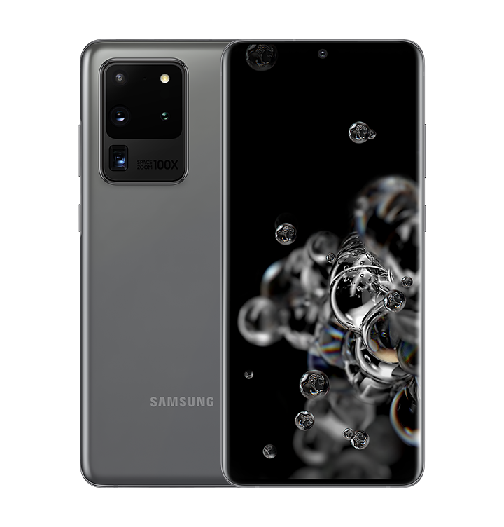 Two Galaxy S20 Ultra phones in Cosmic Gray, one seen from the rear and the other seen from the front with the bubble graphic wallpaper onscreen.