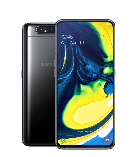 Galaxy A80極鏡黑正面與背面,一前一後並列。正面Galaxy A80螢幕顯示抽象的藍色與黃色圖像。