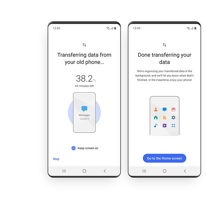 Зліва показаний інтерфейс програми Smart Switch зі станом процесу перенесення - відсоток перенесених даних і час, що залишився в хвилинах. Праворуч показаний інтерфейс з інформацією про завершення процесу перенесення.