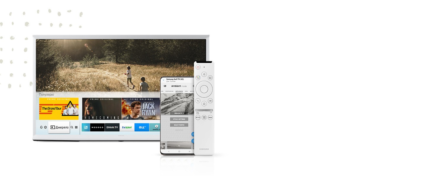 Simulated Eden UG Ambient screen with Galaxy S10 and One Remote Control seen in front to show how you can easily control The Serif through mobile or One Remote Control.