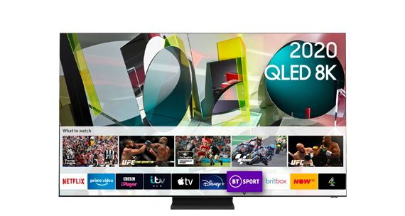 Samsung Qled 65" TV screen with black frame and beach image on screen