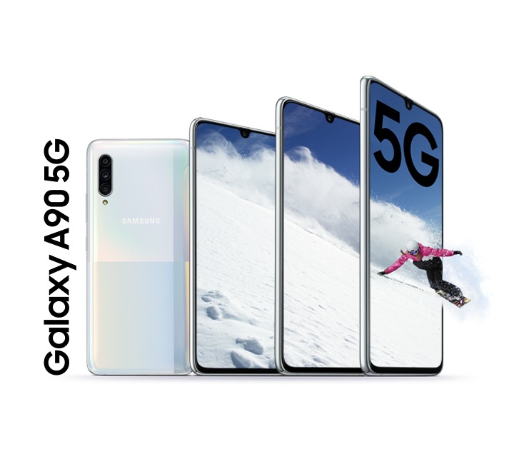 Galaxy A90 5G lineup revealing a snowboarder moving beyond the screen.