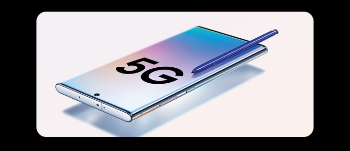a floating Note 10+ 5G with the S Pen placed on top to the left of the screen