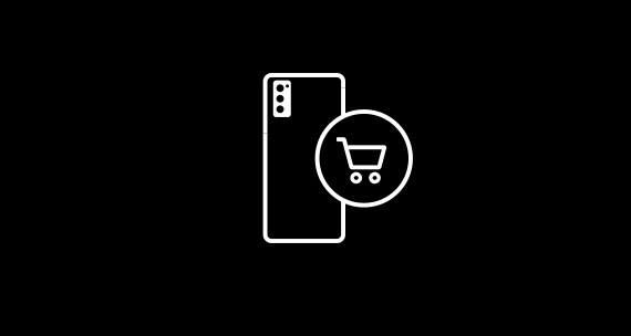 White outline icon of the back of a smartphone in front of a black background with a shopping cart icon within a circle in front White outline icon of the back of a smartphone in front of a black background with a shopping cart icon within a circle in front